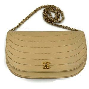 Authentic CHANEL Vintage Lambskin Half Moon Flap Bag Beige / gold hardware